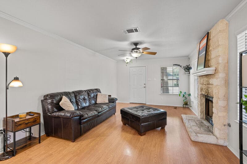 Open living room with high ceilings and natural light